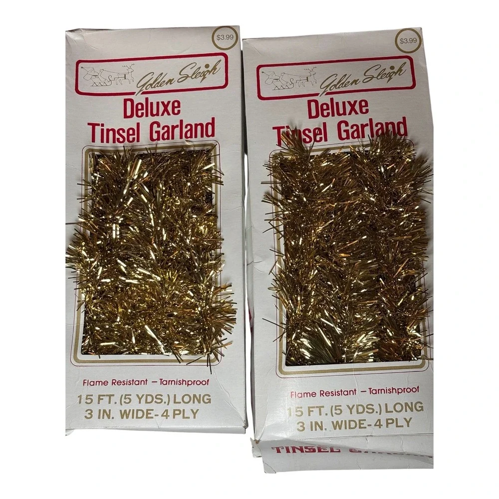 2 Vintage Deluxe Holiday Christmas Tree Garland Tinsel Gold 30 FEET TOTAL READ